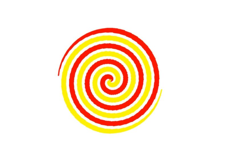 Use Python to draw a graphic formed by two intertwined red and yellow color ribbons 0006