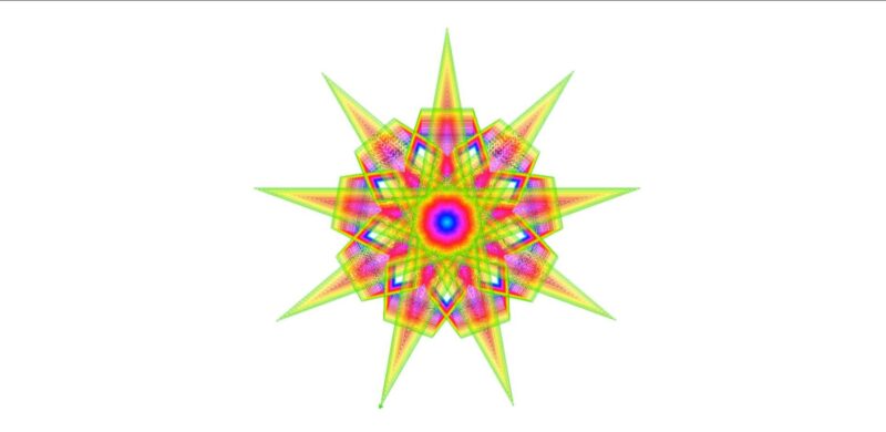 Use python to draw multi-color regular hexagons and superimposed five-pointed stars 0005